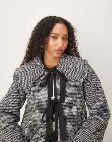 Glamorous Quilted tie-front collared jacket in black check - view 1