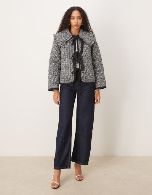 Glamorous Quilted tie-front collared jacket in black check, 2 of 4