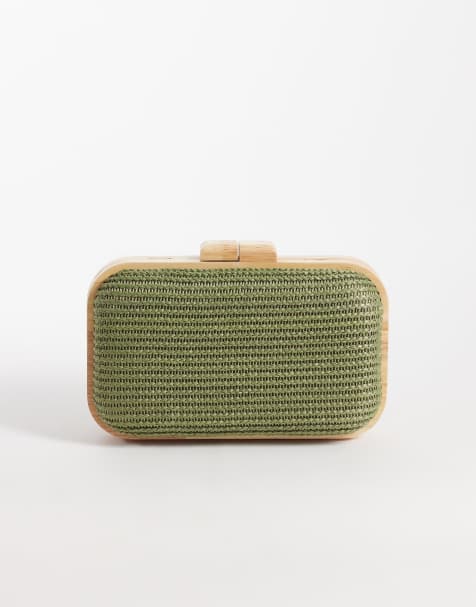 Glamorous raffia look and wooden effect clutch purse in green - view 1