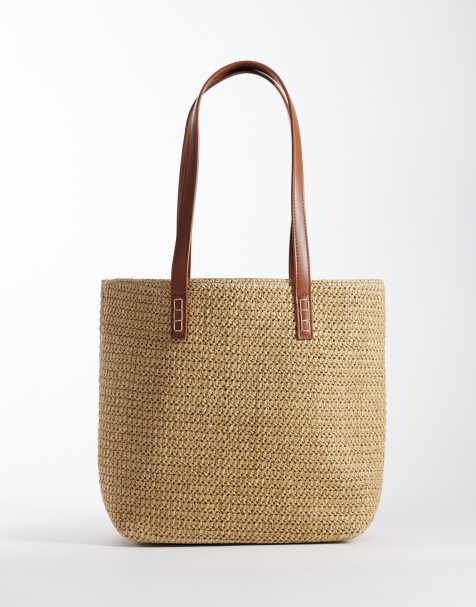 Glamorous raffia tote bag in cream and brown - view 1