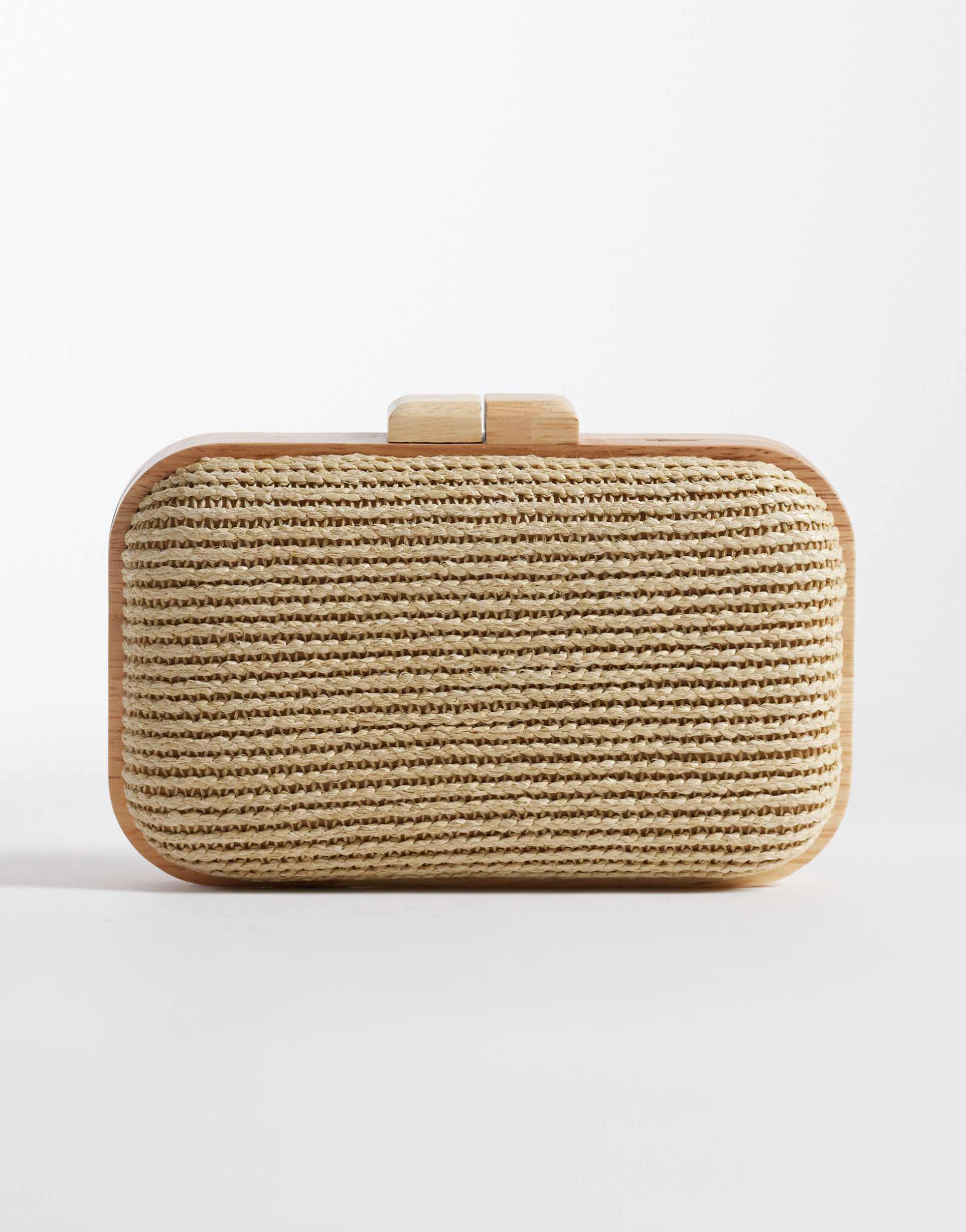 glamorous raffia wooden clutch purse in neutral