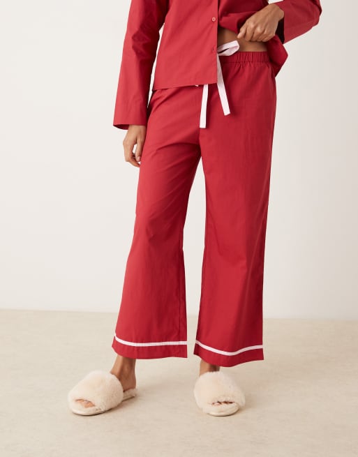 Glamorous - Rødt pyjamassæt med skjorte og bukser med flæser og pink kontrastdetaljer, 4 af 4