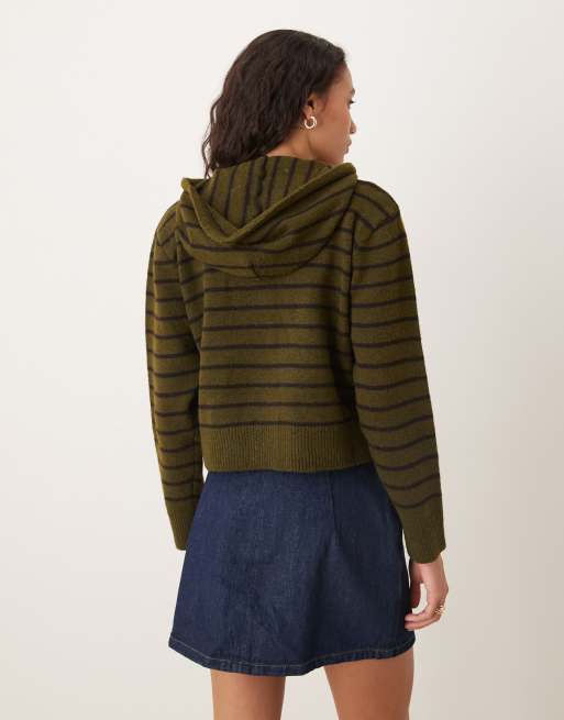 Glamorous - Recht gestreept vest met capuchon en knoopsluiting in olijfgroen en bruin, 2 van 4