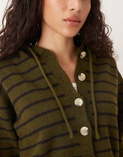 Glamorous - Recht gestreept vest met capuchon en knoopsluiting in olijfgroen en bruin, 4 van 4