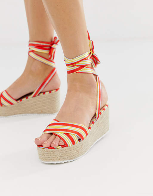 Glamorous red striped tie up espadrille wedge sandals ASOS