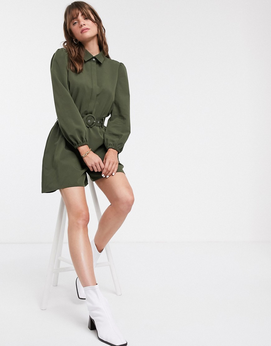 Glamorous relaxed belted playsuit with button collar-Green