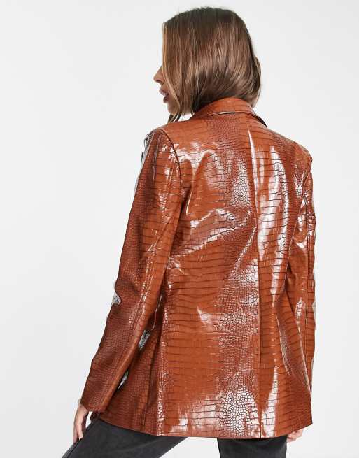 Glamorous relaxed blazer in brown faux croc co-ord, 2 of 4