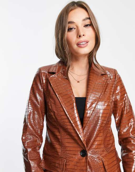 Glamorous relaxed blazer in brown faux croc co-ord, 3 of 4