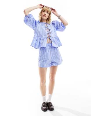 Glamorous Tie Front Volume Smock Top In Blue White Stripe - Part Of A Set