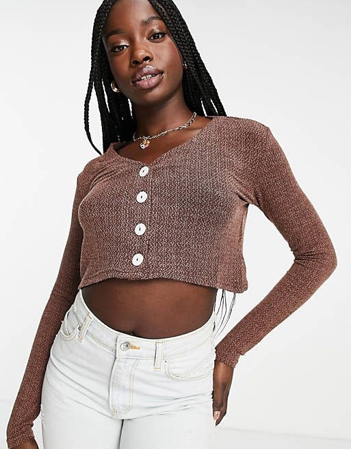 Glamorous relaxed cropped cardigan in brown melange knit