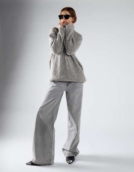 Glamorous Relaxed fit fuzzy knit turtleneck jumper in light grey marl, 3 of 4