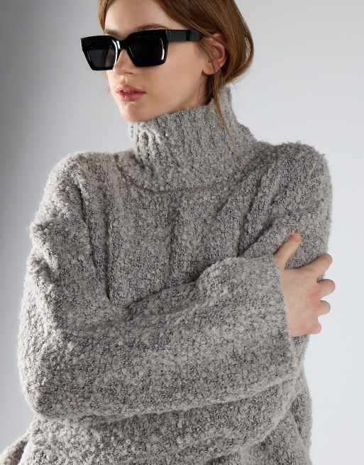 Glamorous Relaxed fit fuzzy knit turtleneck jumper in light grey marl, 4 of 4