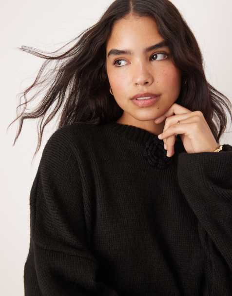 Glamorous relaxed knitted jumper with rosette detail in black - view 1