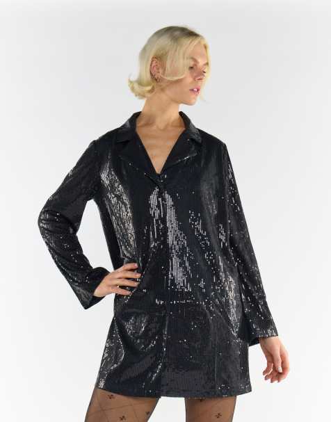 Glamorous Relaxed lapel collar shirt dress in black sequin