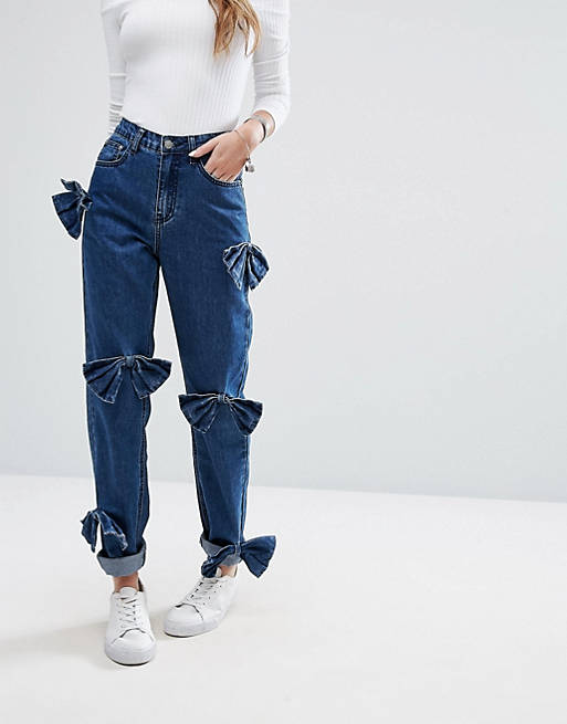Glamorous Relaxed Mom Jeans With Distressed Bows