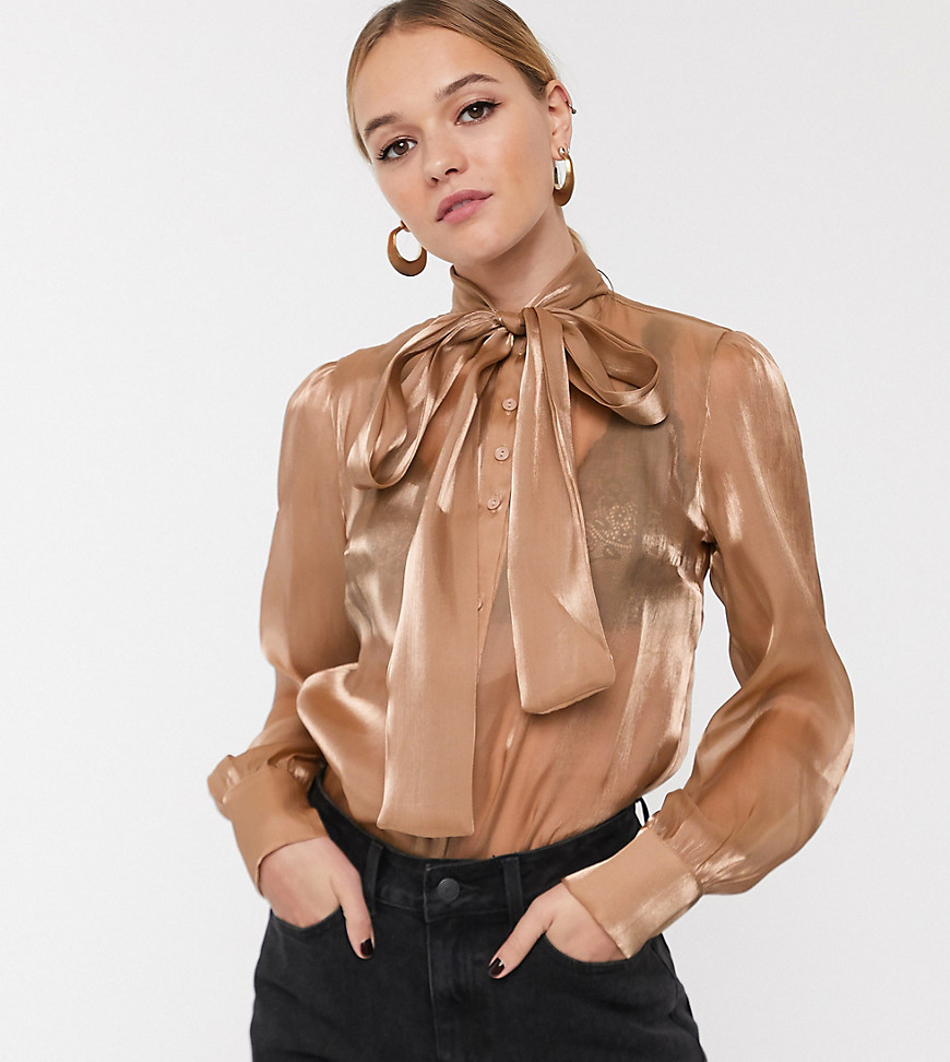 Glamorous relaxed pussybow blouse in sheer organza-Brown