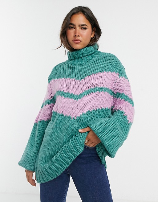 Glamorous relaxed roll neck knitted jumper with pastel stripe
