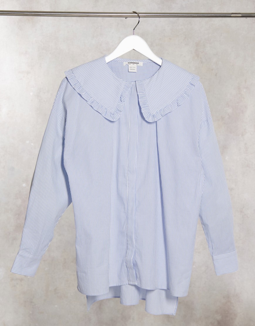 Glamorous relaxed shirt in blue pinstripe with peter pan frill collar