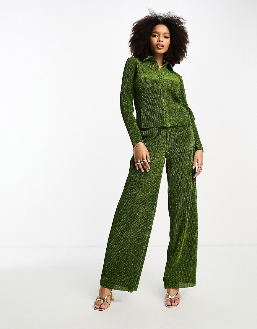 Glamorous Relaxed Wide Leg Pants In Green Glitter - Part Of A Set