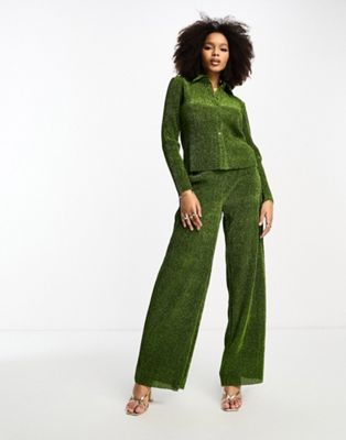 Glamorous relaxed wide leg trousers in green glitter co-ord - ASOS Price Checker