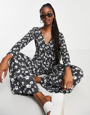 Glamorous relaxed wrap front jumpsuit in monochrome floral
