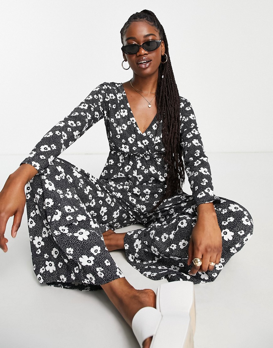 Glamorous Relaxed Wrap Front Jumpsuit In Monochrome Floral-black