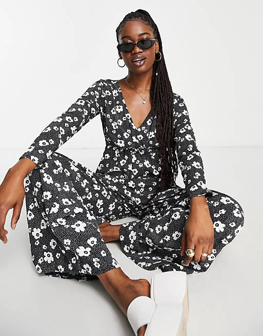 Glamorous relaxed wrap front jumpsuit in monochrome floral