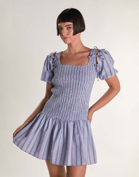 Glamorous Removable sleeve mini dress in blue check stripe