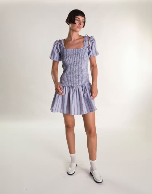Glamorous Removable sleeve mini dress in blue check stripe, 2 of 2