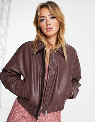 Glamorous retro faux leather bomber jacket in chocolate brown
