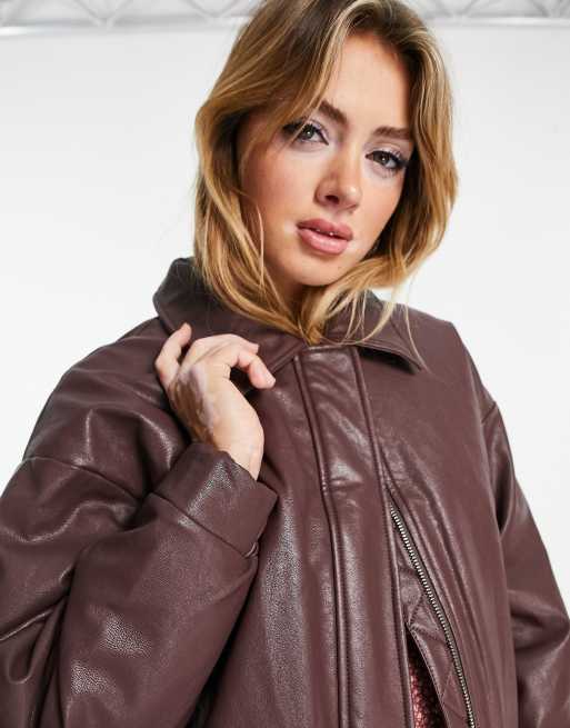 Glamorous retro faux leather bomber jacket in chocolate brown ASOS