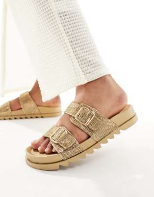 Glamorous Rhinestone Double Strap Slides In Gold