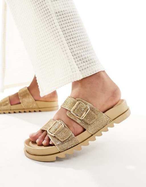 Glamorous rhinestone double strap slides in gold ASOS