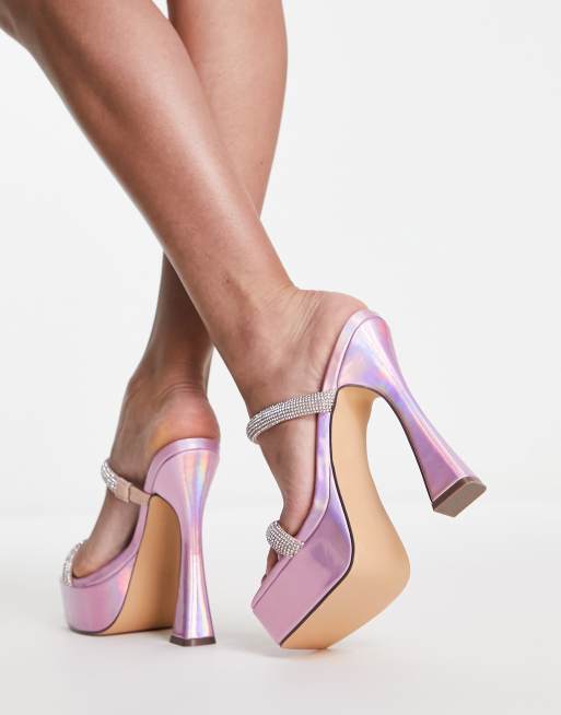 Glamorous rhinestone platform heeled sandals in iridescent ASOS