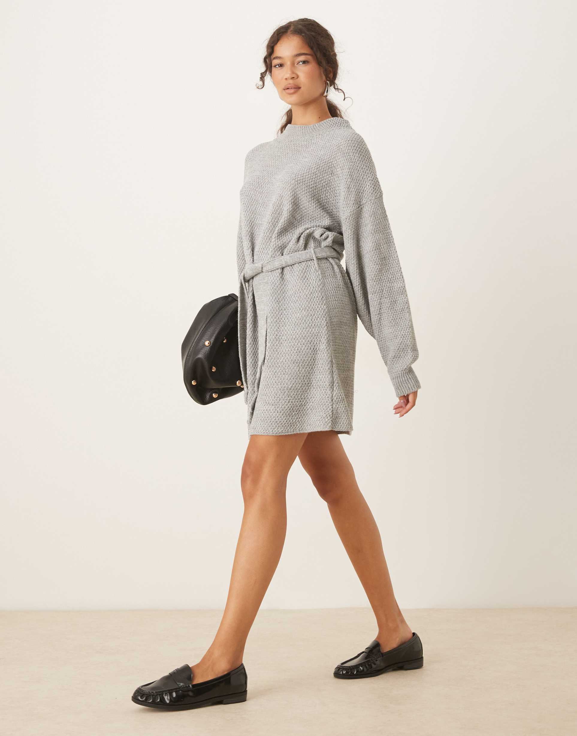 glamorous rib knit tie waist mini knit dress in gray