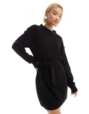 rib knit tie waist mini knitted dress in black