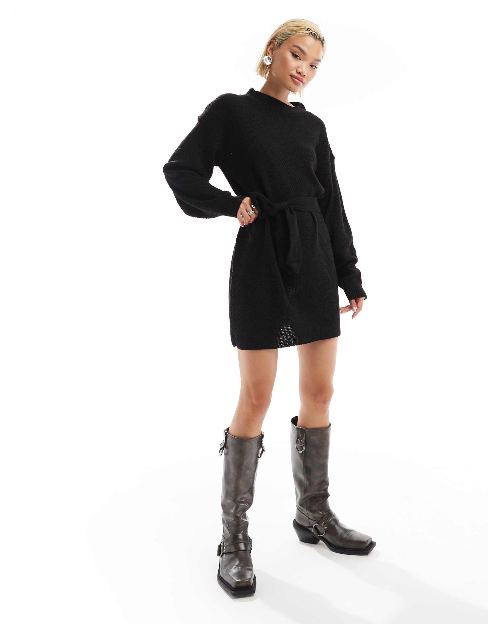 glamorous rib knit tie waist mini knitted dress in black