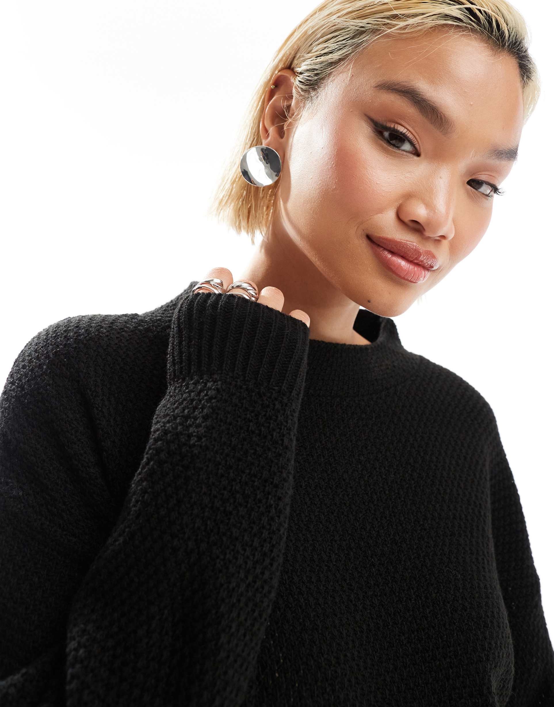 glamorous rib knit tie waist mini knitted dress in black