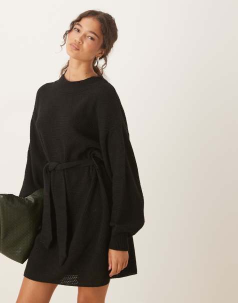 Glamorous rib knit tie waist mini knitted dress in black - view 1
