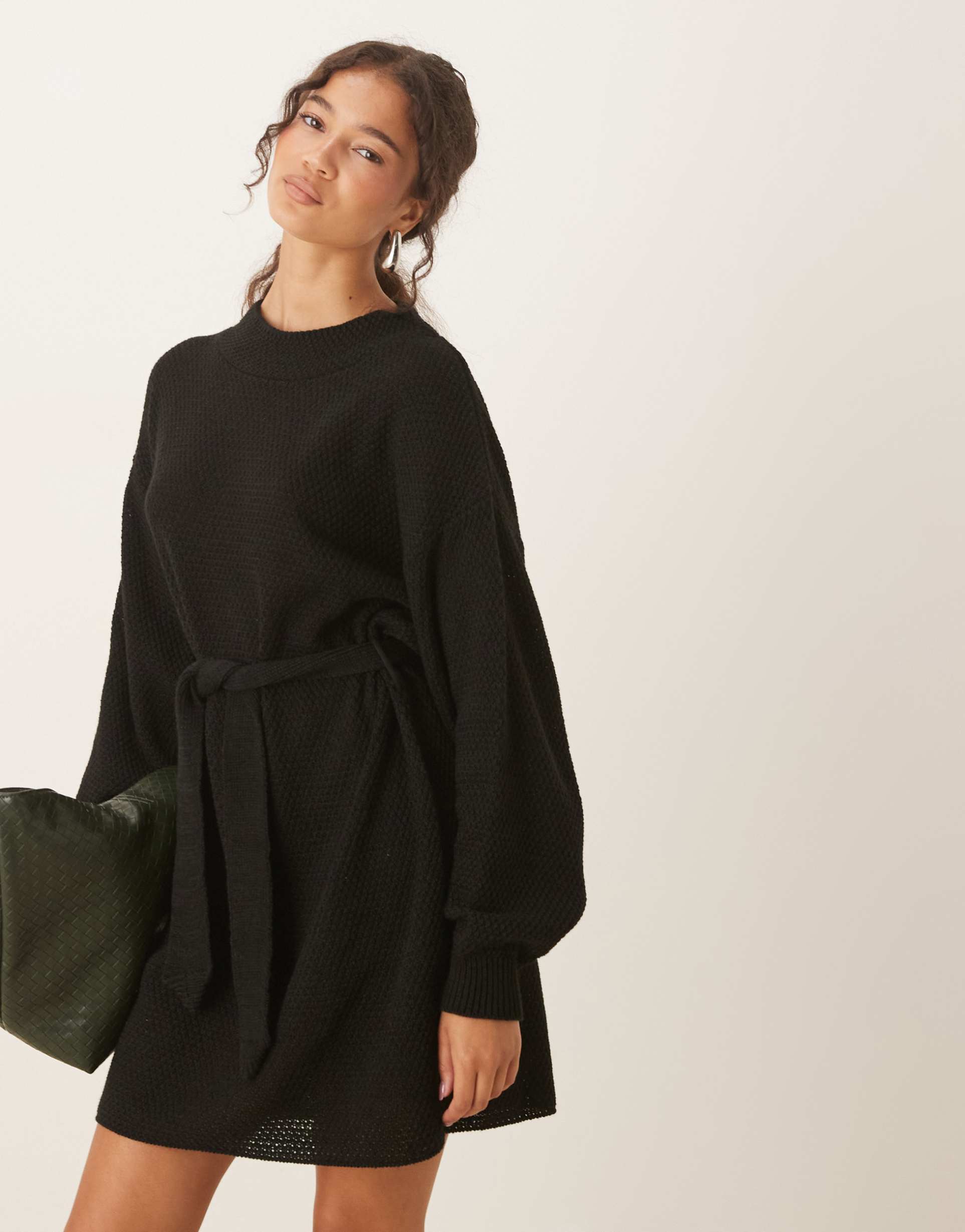 glamorous rib knit tie waist mini knitted dress in black