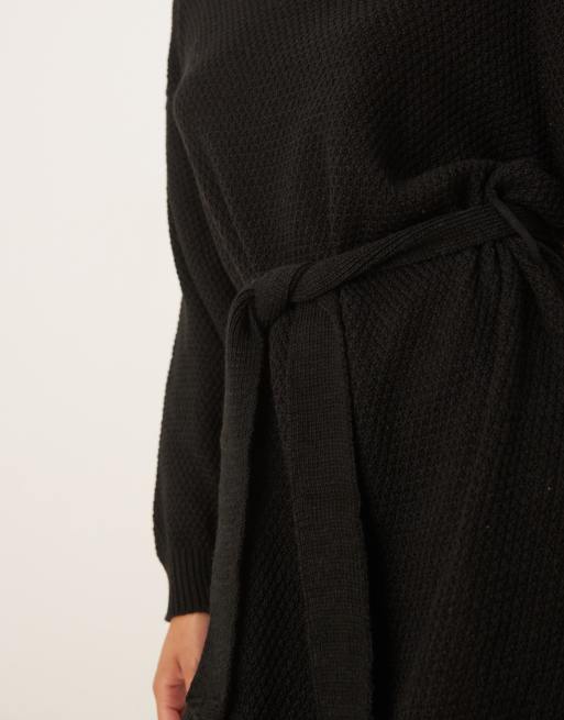 Glamorous rib knit tie waist mini knitted dress in black, 3 of 4