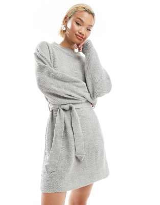 rib knit tie waist mini knitted dress in gray heather