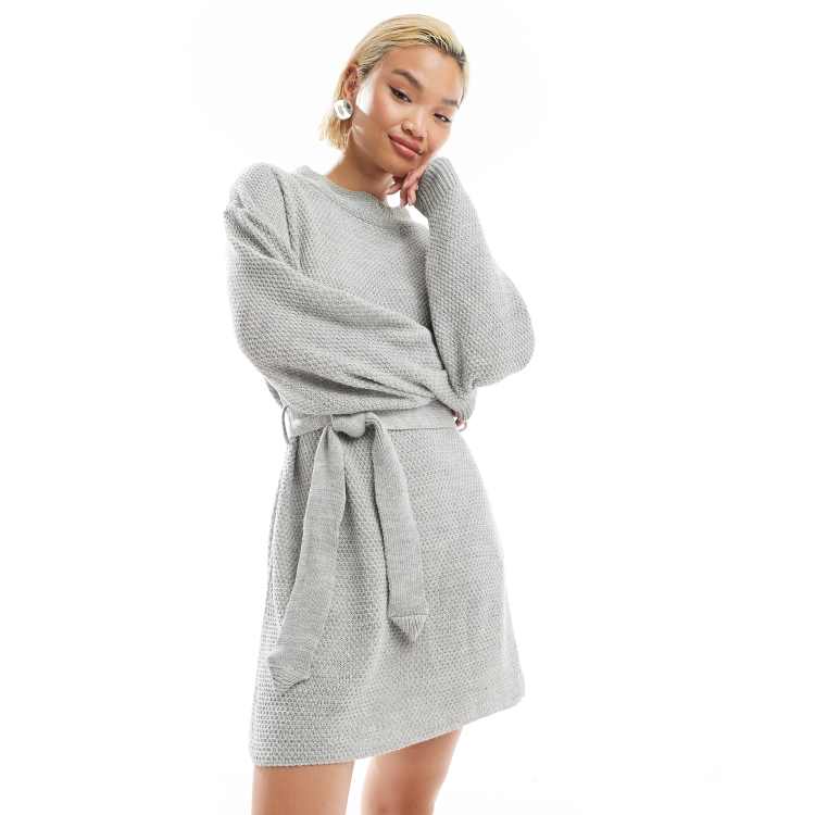 Glamorous rib knit tie waist mini knitted dress in gray heather