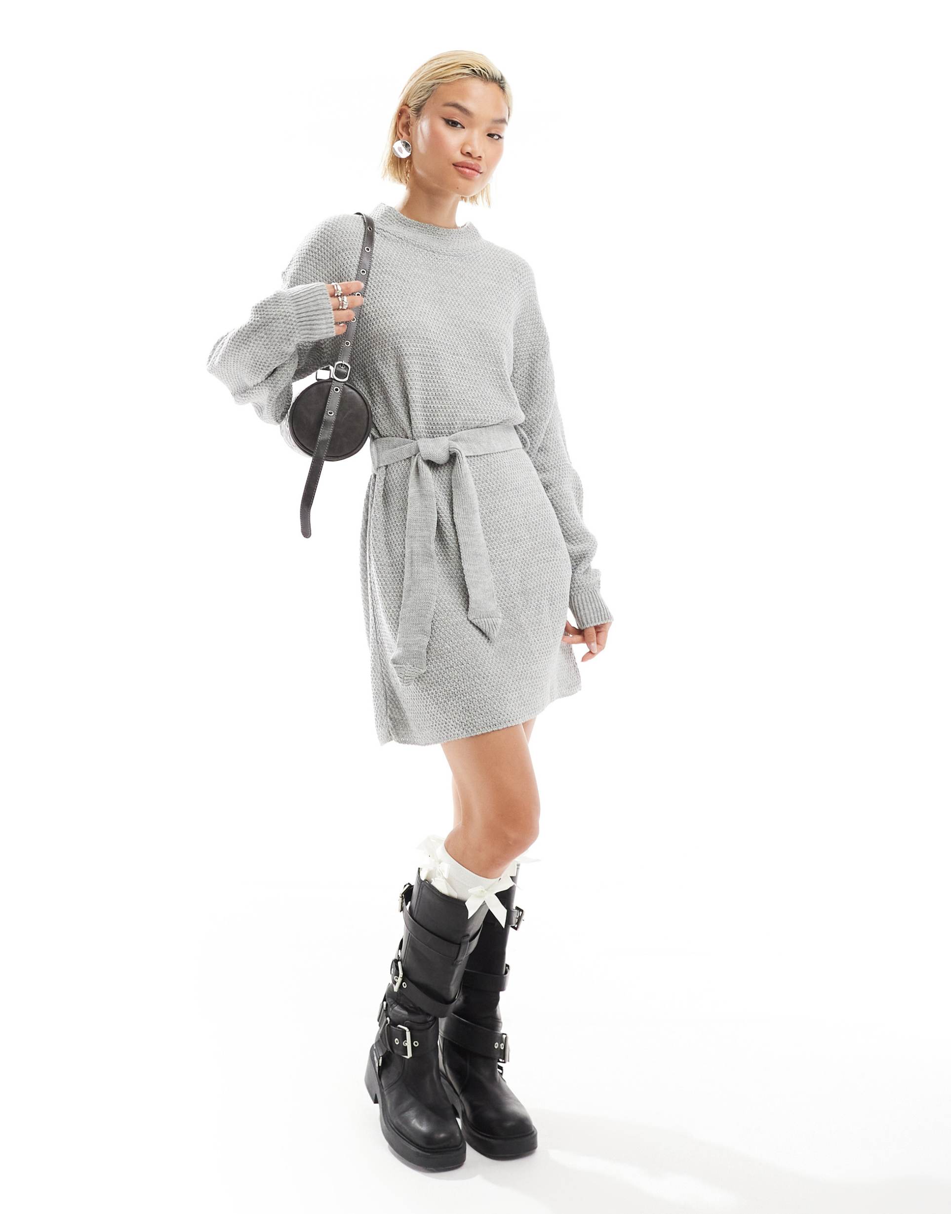 glamorous rib knit tie waist mini knitted dress in gray heather