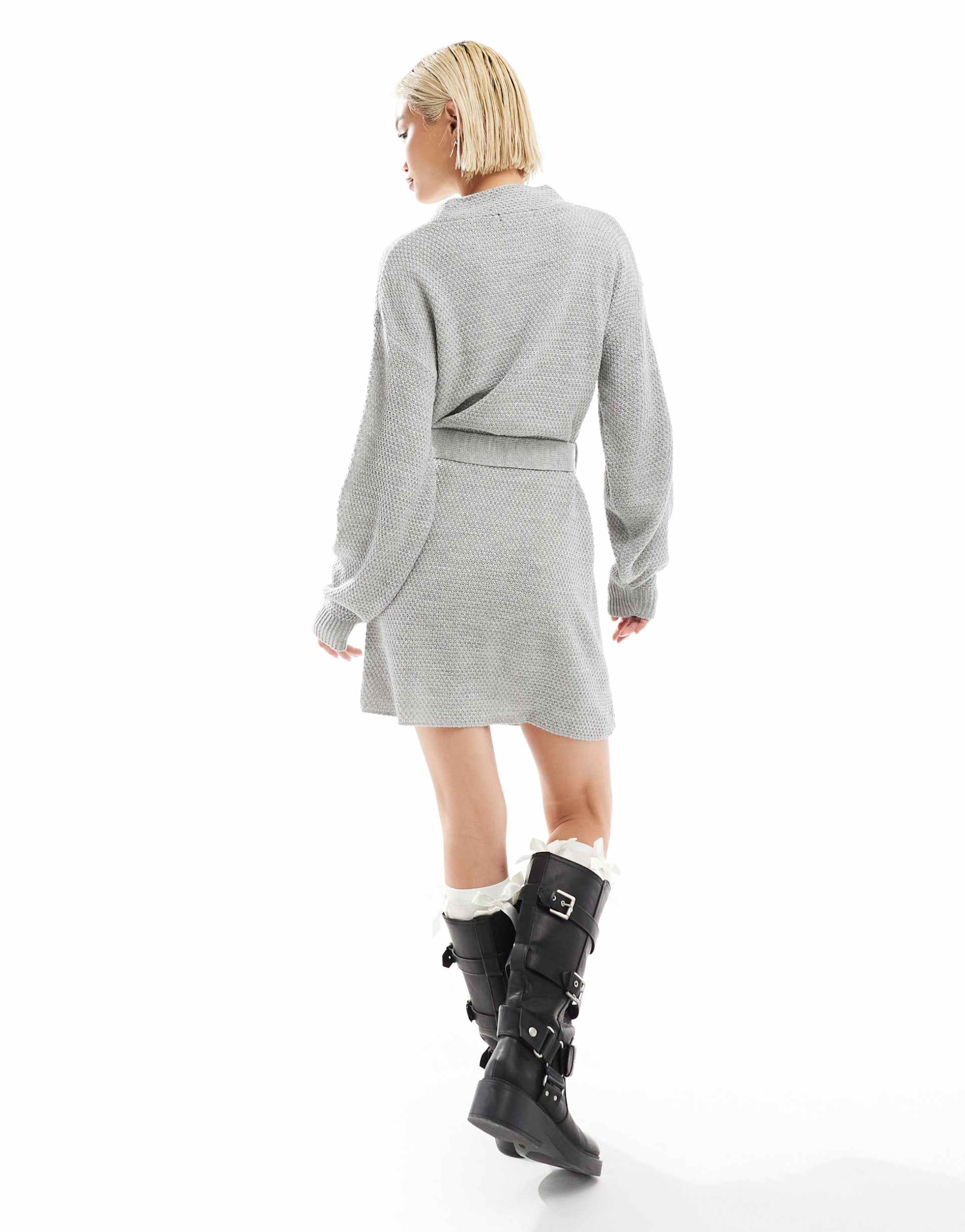 glamorous rib knit tie waist mini knitted dress in gray heather