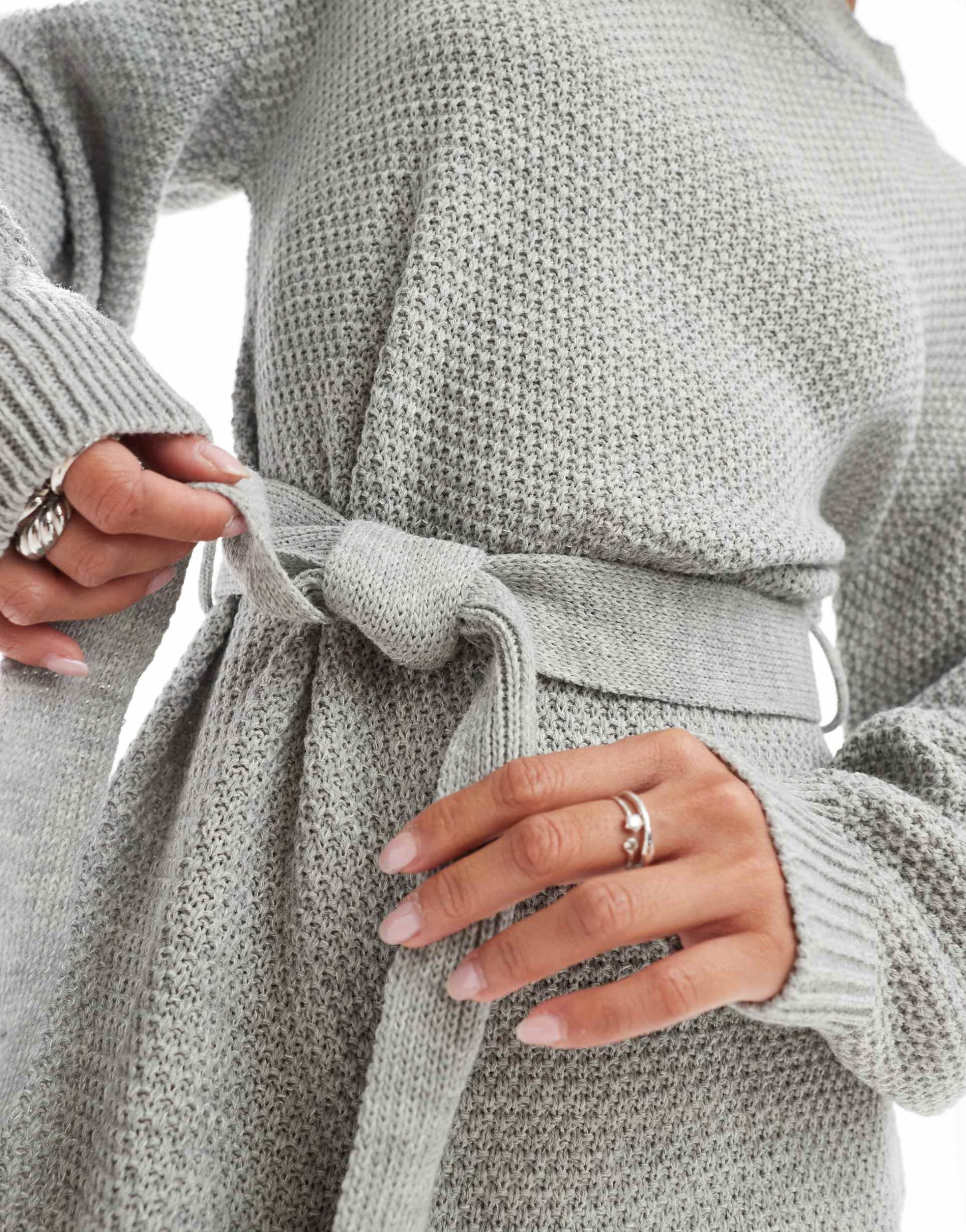 glamorous rib knit tie waist mini knitted dress in gray heather
