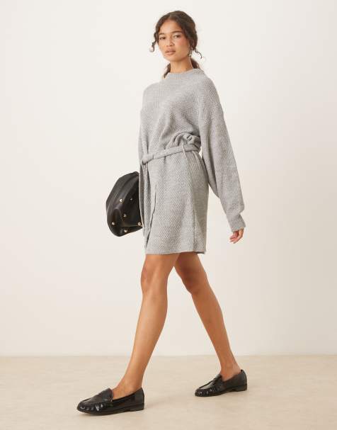 Glamorous rib knit tie waist mini knitted dress in grey - view 1
