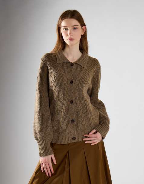 Glamorous Ribbed collar cable-knit cardigan in mid brown fleck - view 1