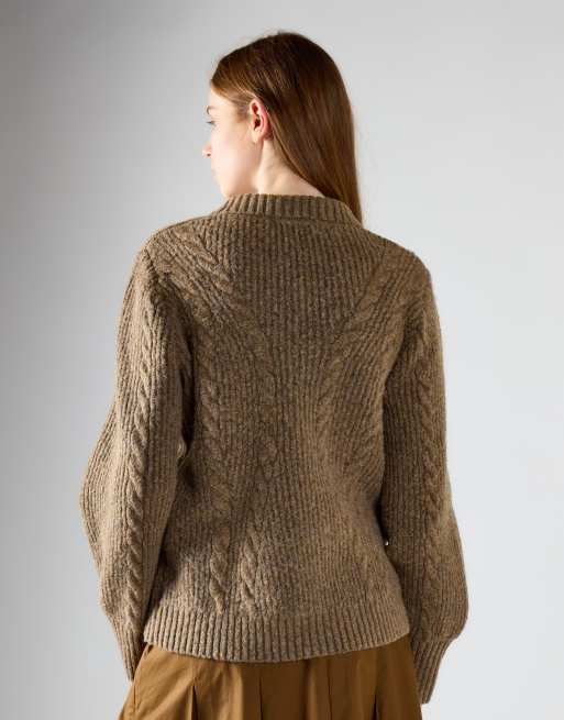 Glamorous Ribbed collar cable-knit cardigan in mid brown fleck, 3 of 3