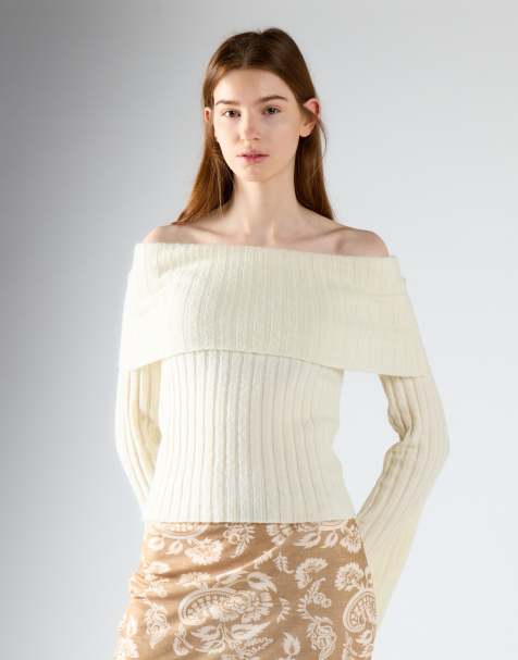 Glamorous Ribbed off-the-shoulder knit sweater in cream - view 1